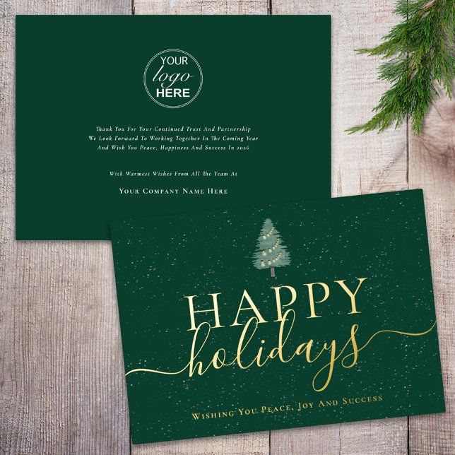 Elegant Happy Holidays Business Logo Green & Gold Foil Holiday Card (Elegant script happy holidays festive pine tree watercolor logo green & gold foil business card )