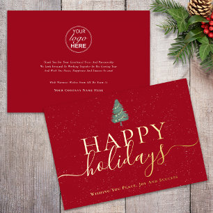 Elegant Happy Holidays Business Logo Red & Gold Foil Holiday Card