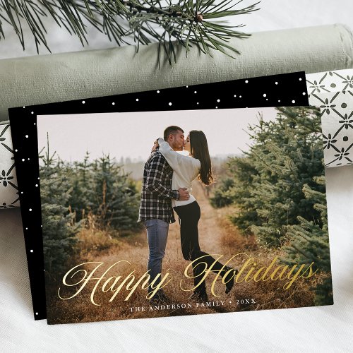 Elegant Happy Holidays Calligraphy Black Photo Foil Holiday Card