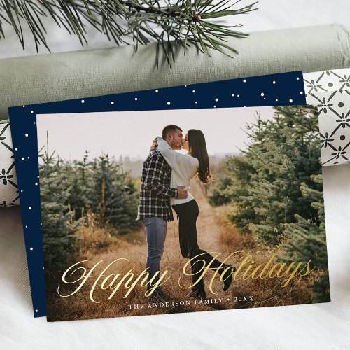 Elegant Happy Holidays Calligraphy Navy Photo Foil Holiday Card