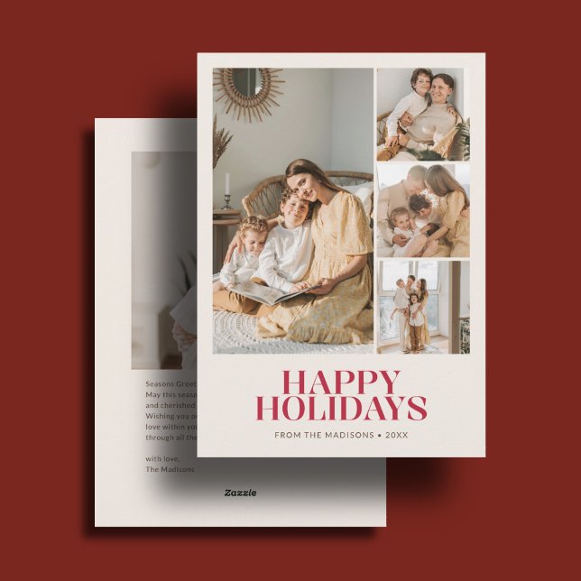 Elegant Happy Holidays Christmas 5 Photo Ivory Red Holiday Card (Creator Uploaded)