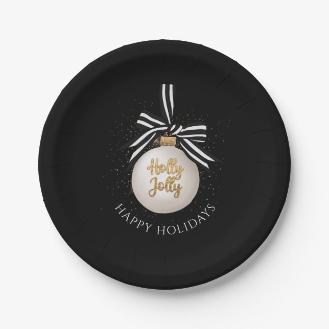 Elegant Happy Holidays Christmas Bauble Black Paper Plates (Front)