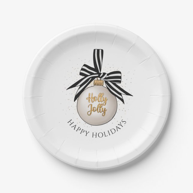 Elegant Happy Holidays Christmas Bauble Paper Plates (Front)