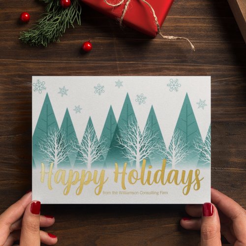 Elegant Happy Holidays Custom Green Forest Gold Foil Holiday Card