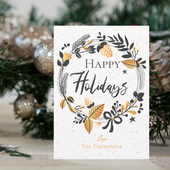 Elegant Happy Holidays Cute Yellow Black Wreath Note Card (Elegant Happy Holidays Cute Yellow Black Wreath Holiday  Note Card)