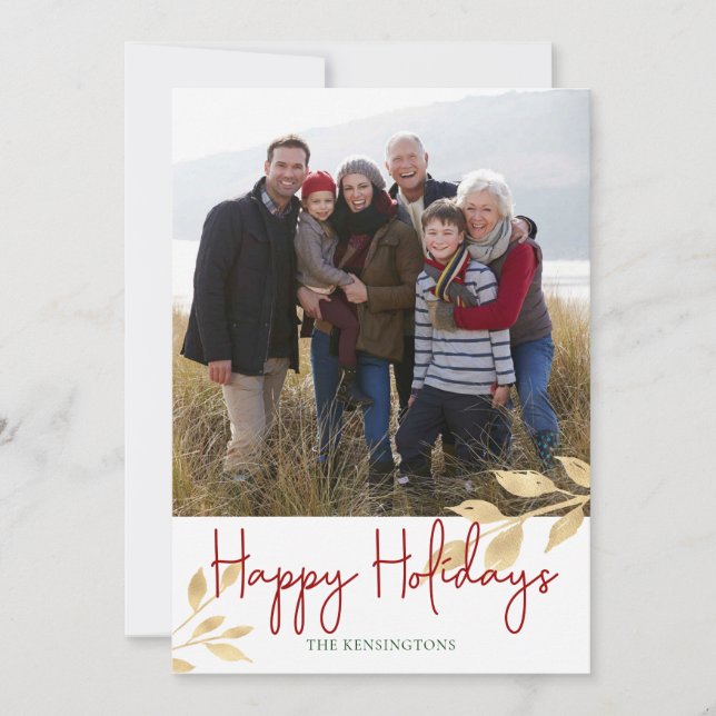 Elegant Happy Holidays Gold Leaves | Holiday Photo (Front)