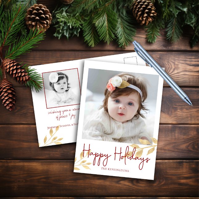 Elegant Happy Holidays Gold Leaves Photo Holiday Postcard (Elegant Happy Holidays Gold Leaves Photo Holiday Postcard)