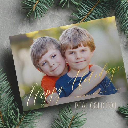 Elegant Happy Holidays gold photo Foil Holiday Card