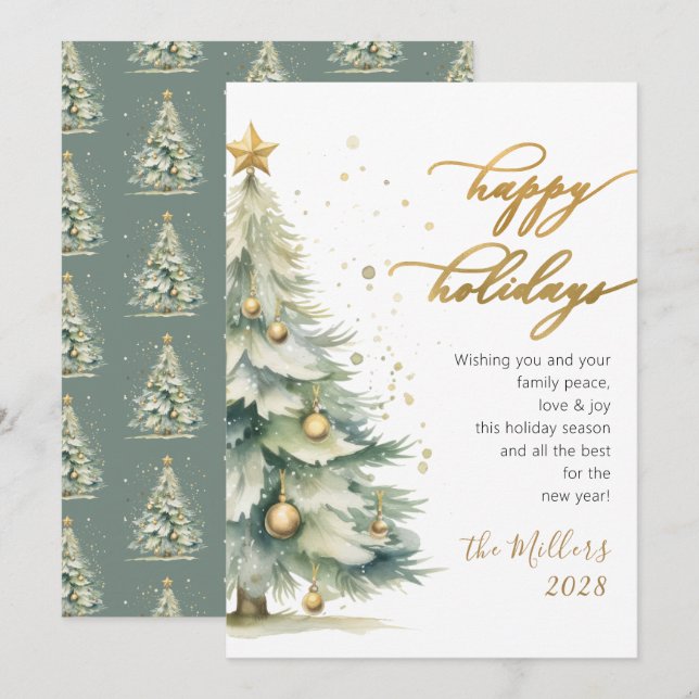 Elegant Happy Holidays Gold Script Christmas Tree Holiday Card (Front/Back)