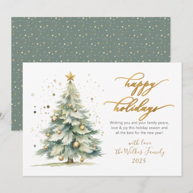 Elegant Happy Holidays Gold Script Christmas Tree Holiday Card (Front/Back)