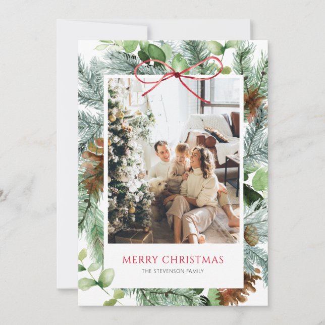 Elegant Happy Holidays Greenery Photo Holiday Card (Front)