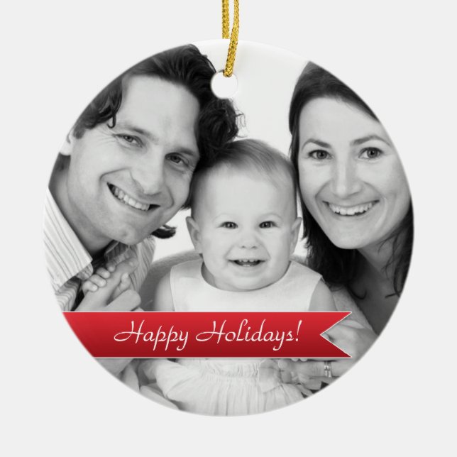 Elegant Happy Holidays Red Ribbon Family Photo Ceramic Ornament (Front)