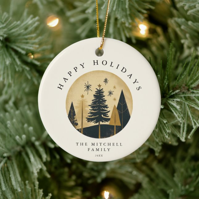 Elegant HAPPY HOLIDAYS Warm Gold Pine Forest Ceramic Ornament (Tree)