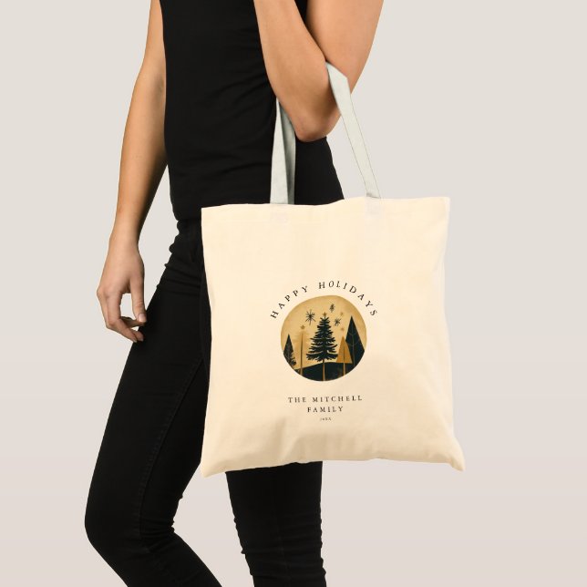 Elegant Happy Holidays Warm Gold Pine Forest  Tote Bag (Front (Product))