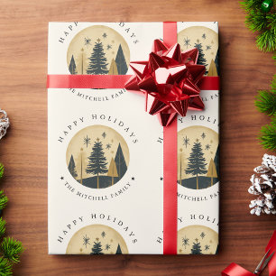 Elegant HAPPY HOLIDAYS Warm Gold Pine Forest Wrapping Paper