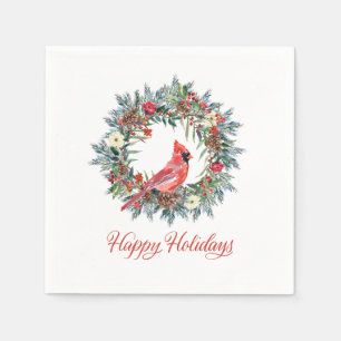 Elegant Happy Holidays Wreath Red Cardinal Napkins
