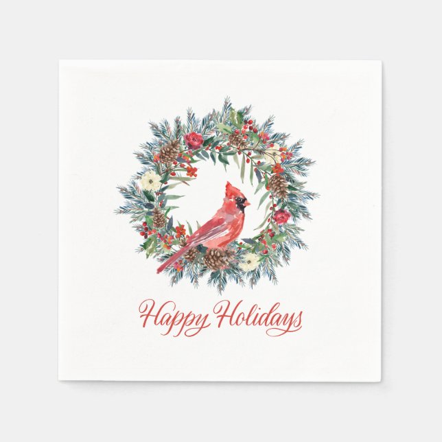 Elegant Happy Holidays Wreath Red Cardinal Napkins (Front)