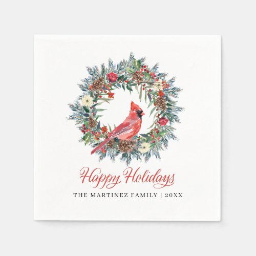 Elegant Happy Holidays Wreath Red Cardinal Napkins