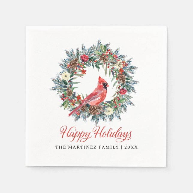 Elegant Happy Holidays Wreath Red Cardinal Napkins (Front)