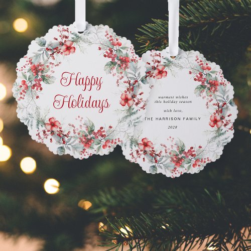 Elegant Happy Holidays Wreath Watercolor Christmas Ornament Card