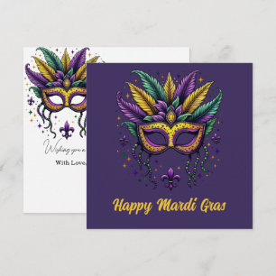 Elegant Happy Mardi Gras Feathered & Mask Holiday Card