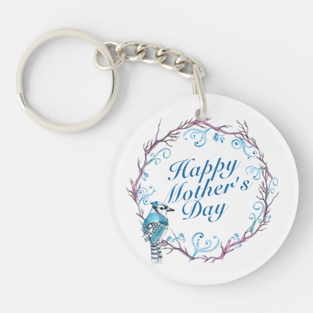 Elegant Happy Mother's Day Blue Wreath Keychain (Front)