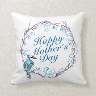 Elegant Happy Mother's Day Blue Wreath Pillow