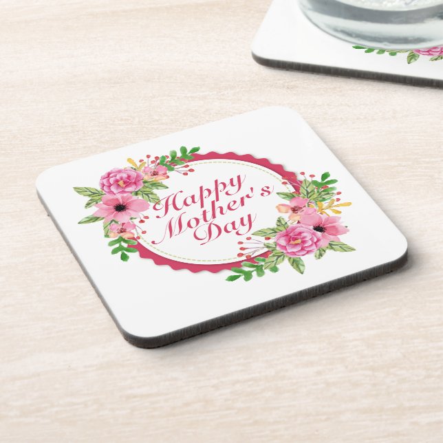 Elegant Happy Mother's Day Floral Frame Coaster (Left Side)