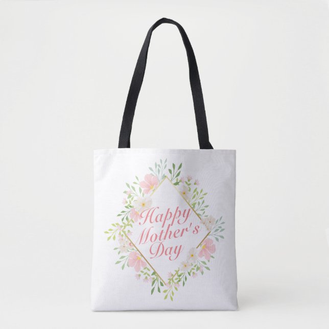 Elegant Happy Mother's Day Floral Frame Tote Bag (Front)