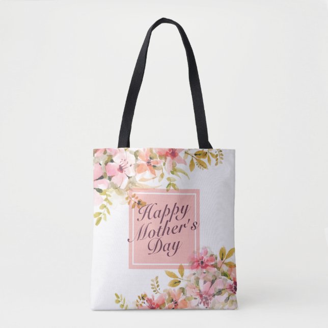 Elegant Happy Mother's Day Floral Frame Tote Bag (Front)