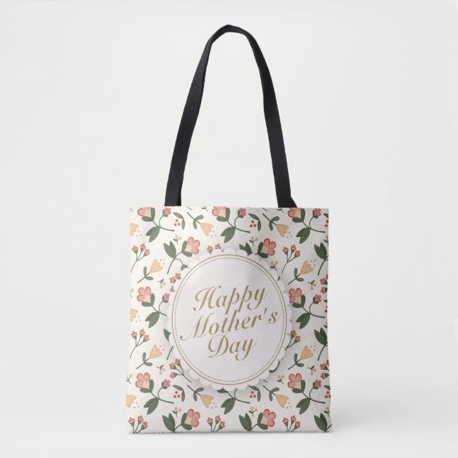 Elegant Happy Mother's Day Floral Frame Tote Bag (Front)