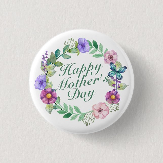 Elegant Happy Mother's Day Floral Wreath Button (Front)