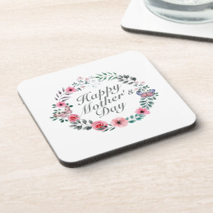Elegant Happy Mother's Day Floral Wreath Coaster