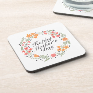 Elegant Happy Mother's Day Floral Wreath Coaster