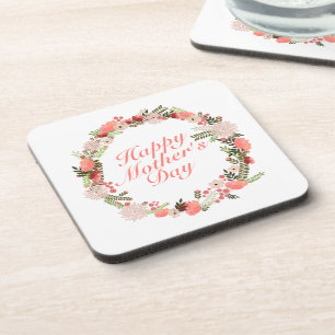 Elegant Happy Mother's Day Floral Wreath Coaster