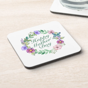 Elegant Happy Mother's Day Floral Wreath Coaster