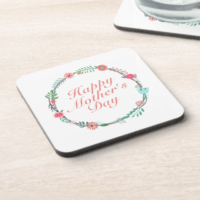 Elegant Happy Mother's Day Floral Wreath Coaster (Left Side)