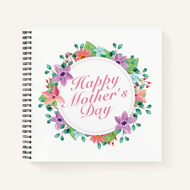 Elegant Happy Mother's Day Floral Wreath Guestbook Notebook (Front)