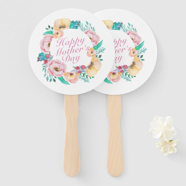 Elegant Happy Mother's Day Floral Wreath Hand Fan (Front and Back)