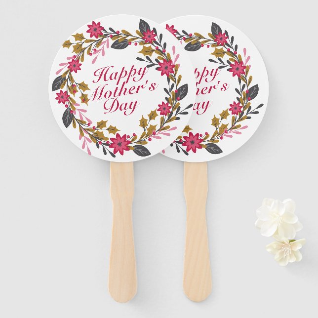Elegant Happy Mother's Day Floral Wreath Hand Fan (Front and Back)