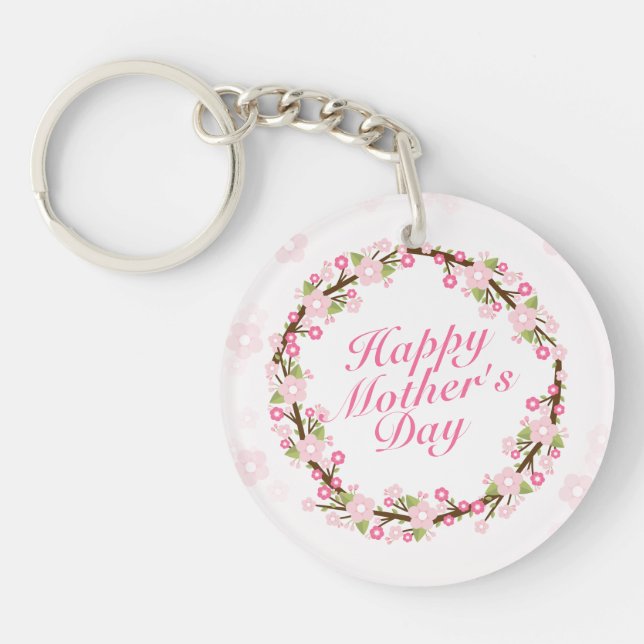 Elegant Happy Mother's Day Floral Wreath Keychain (Front)