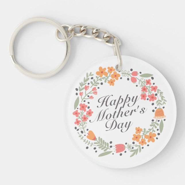 Elegant Happy Mother's Day Floral Wreath Keychain (Front)