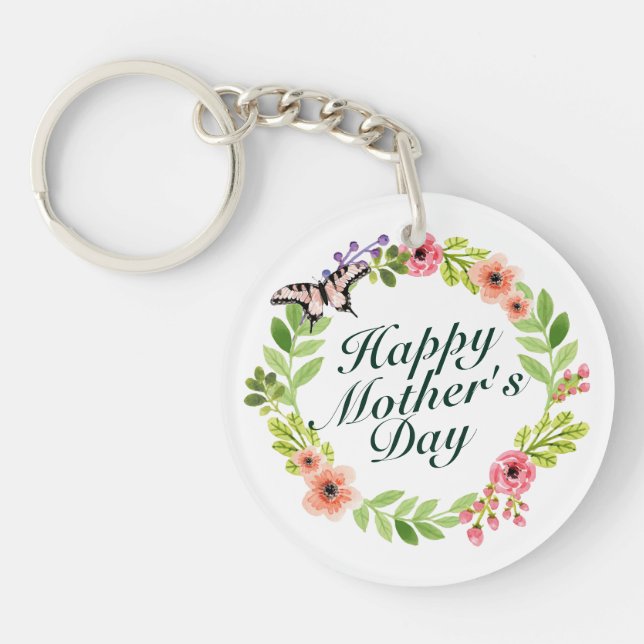 Elegant Happy Mother's Day Floral Wreath Keychain (Front)