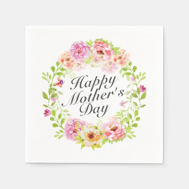 Elegant Happy Mother's Day Floral Wreath Napkin (Front)