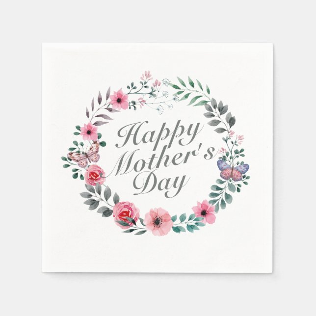 Elegant Happy Mother's Day Floral Wreath Napkin (Front)