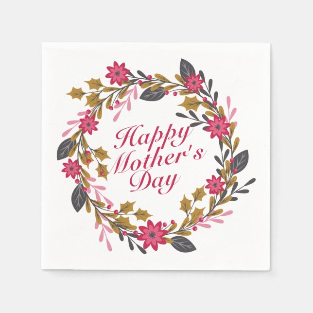Elegant Happy Mother's Day Floral Wreath Napkin (Front)