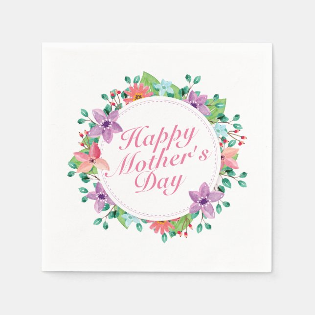 Elegant Happy Mother's Day Floral Wreath | Napkin (Front)