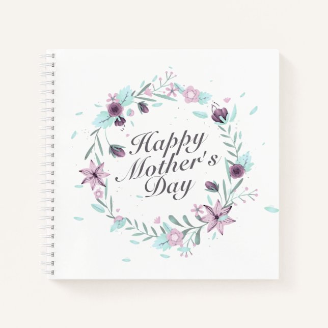 Elegant Happy Mother's Day Floral Wreath Notebook (Front)