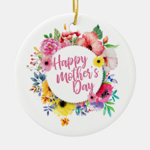 Elegant Happy Mother's Day Floral Wreath Ornament