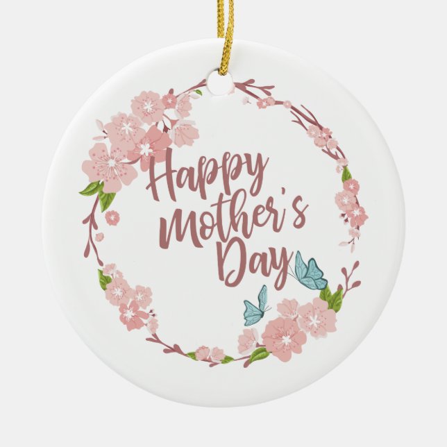Elegant Happy Mother's Day Floral Wreath Ornament (Front)
